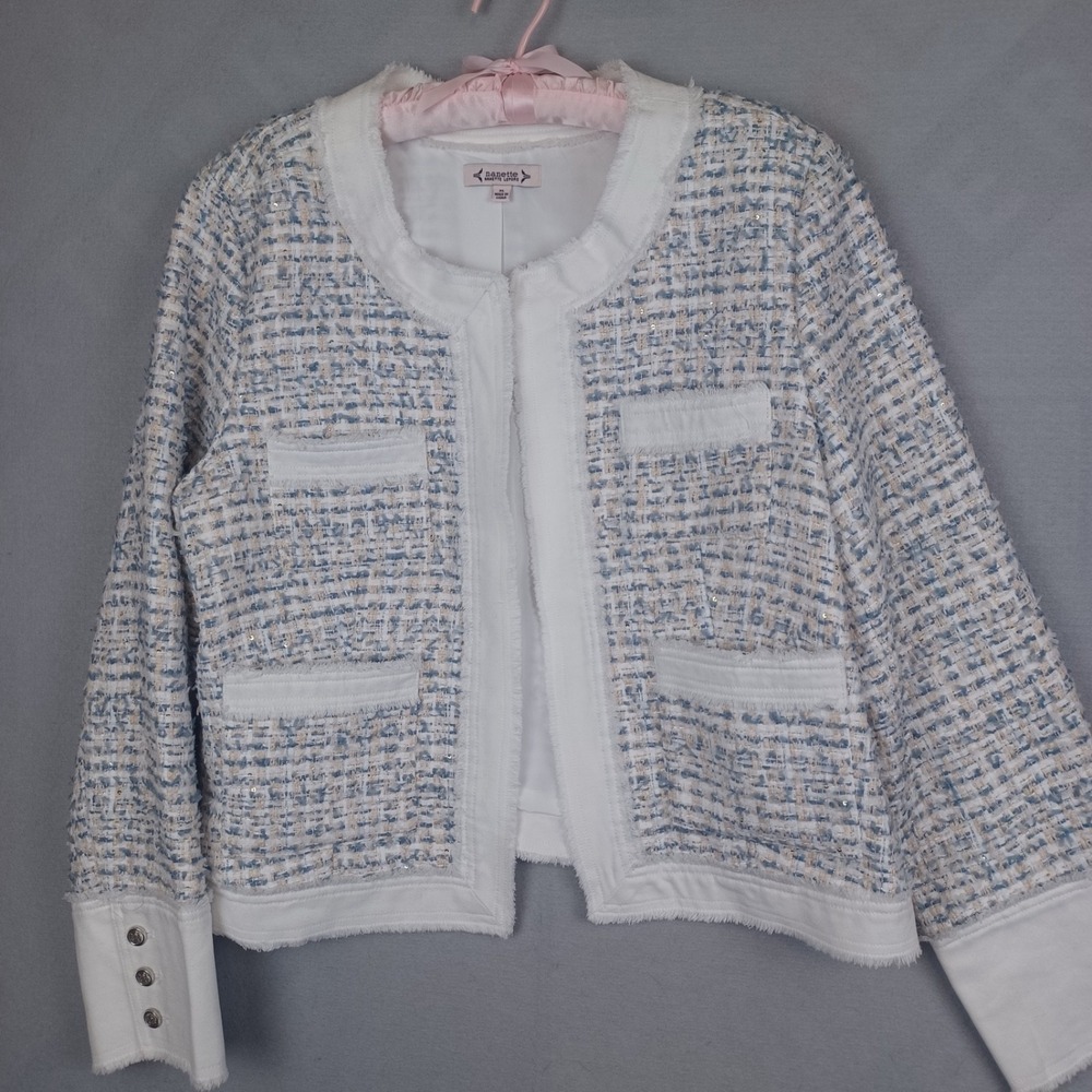Nanette Lepore Womens XL Tweed Denim Trim Fringe Cropped Jacket Work Office